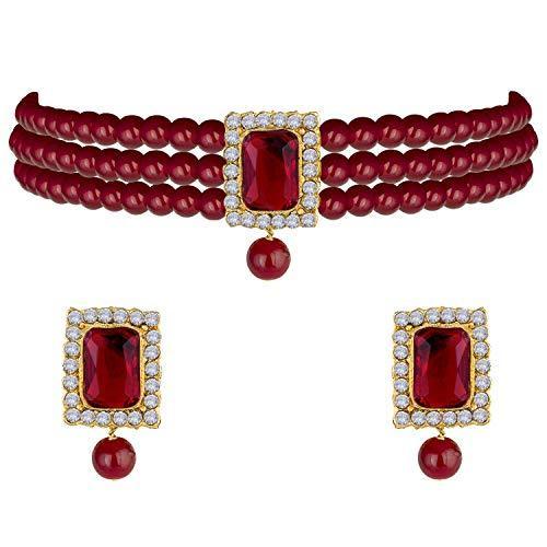 Women's  Gold Plated Maroon Handcrafted Stone Studded Pearl Choker Necklace Jewellery Set With Earrings