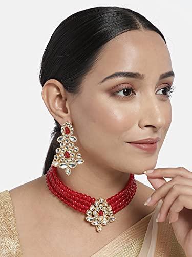 Women's Gold Plated Maroon Kundan with Beads Choker Necklace Set