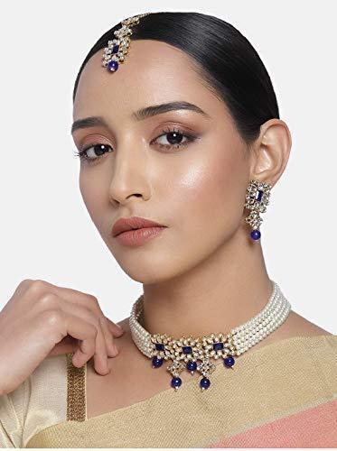 Women's Gold Plated Blue Beaded Choker Set Studded with Pearl & Kundan with Earrings & Maang Tikka