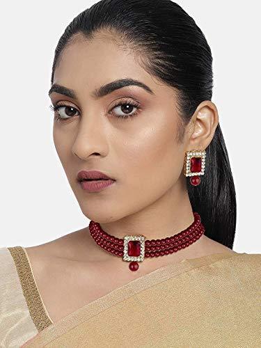 Women's  Gold Plated Maroon Handcrafted Stone Studded Pearl Choker Necklace Jewellery Set With Earrings