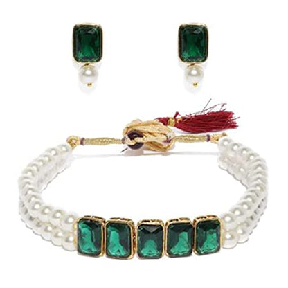 Women's Gold Plated Green Crystal Stone Pearl Studded Choker Necklace Set