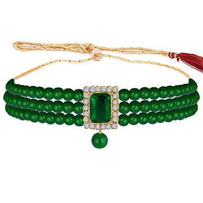 Women's  Gold Plated Handcrafted  Green Stone Studded Pearl Choker Necklace Jewellery Set With Earrings