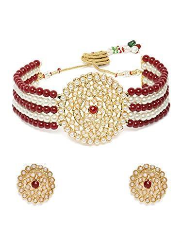 Women's Gold Plated Maroon White Light Weight Pearl Beaded Choker Necklace Set