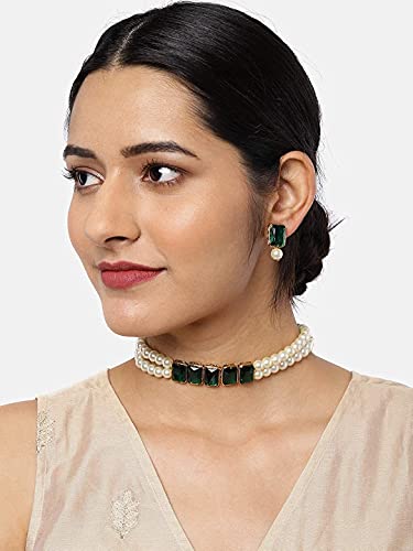 Women's Gold Plated Green Crystal Stone Pearl Studded Choker Necklace Set