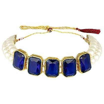 Women's Gold Plated Blue Crystal Stone Pearl Studded Choker Necklace Set