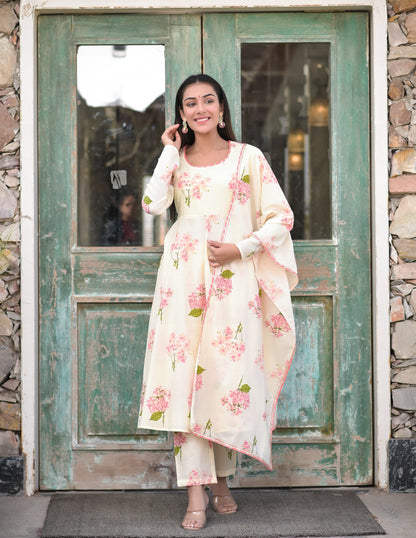 Women's Printed Cotton Anarkali Kurta Palazzo Dupatta Set