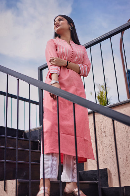 Women's Coral Straight Embroidered Pintuck Kurta