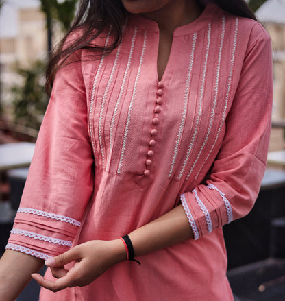 Women's Coral Straight Embroidered Pintuck Kurta