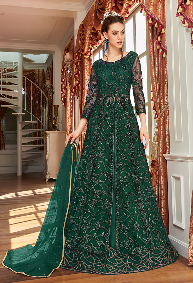 Women's Dark Green Wedding Net Anarkali Salwar Kameez