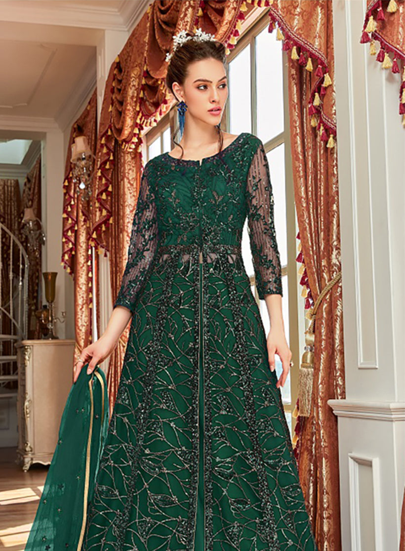 Women's Dark Green Wedding Net Anarkali Salwar Kameez