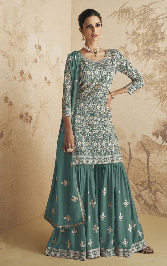 Women's Sea Green Embroidered Georgette Salwar Suit