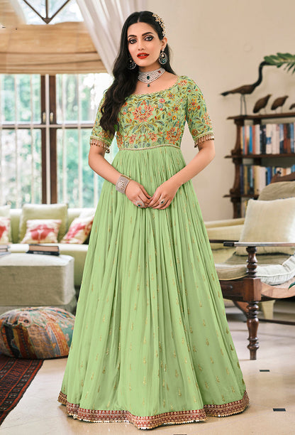 Women's Light Green Georgette Embroidered Anarkali Salwar Suit