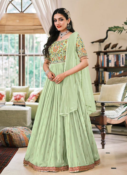 Women's Pistachio Green Georgette Embroidered Anarkali Salwar Suit