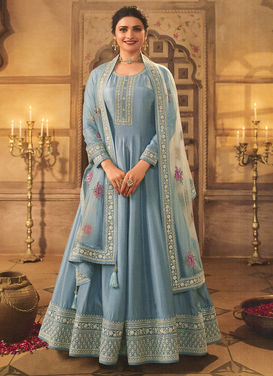 Women's Pastel Blue Embroidered Dola Silk Aanarakali Floor Length Suit