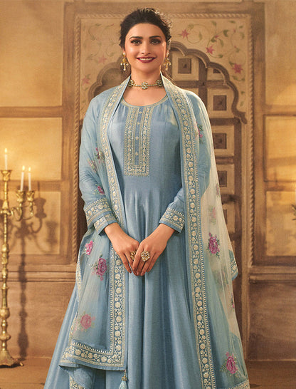 Women's Pastel Blue Embroidered Dola Silk Aanarakali Floor Length Suit