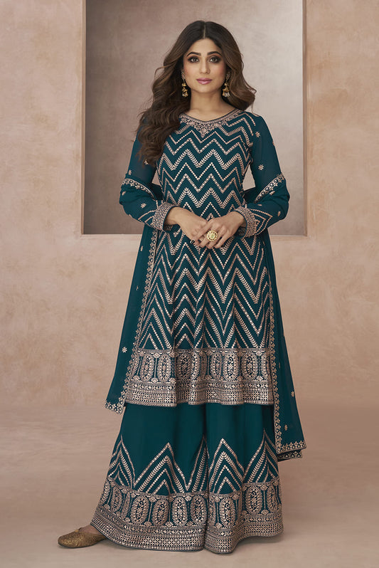 Women's Dark Aqua Blue Festival Wear Embroidered Salwar Kameez