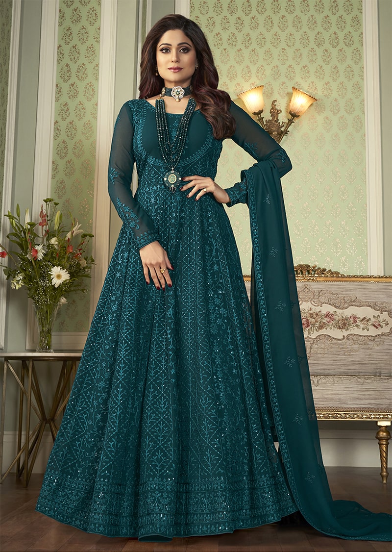 Women's Dark Aqua Blue Designer Georgette Anarkali Salwar Suit