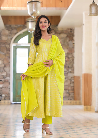 Women's Lime Green Foil Print Anarkali Set