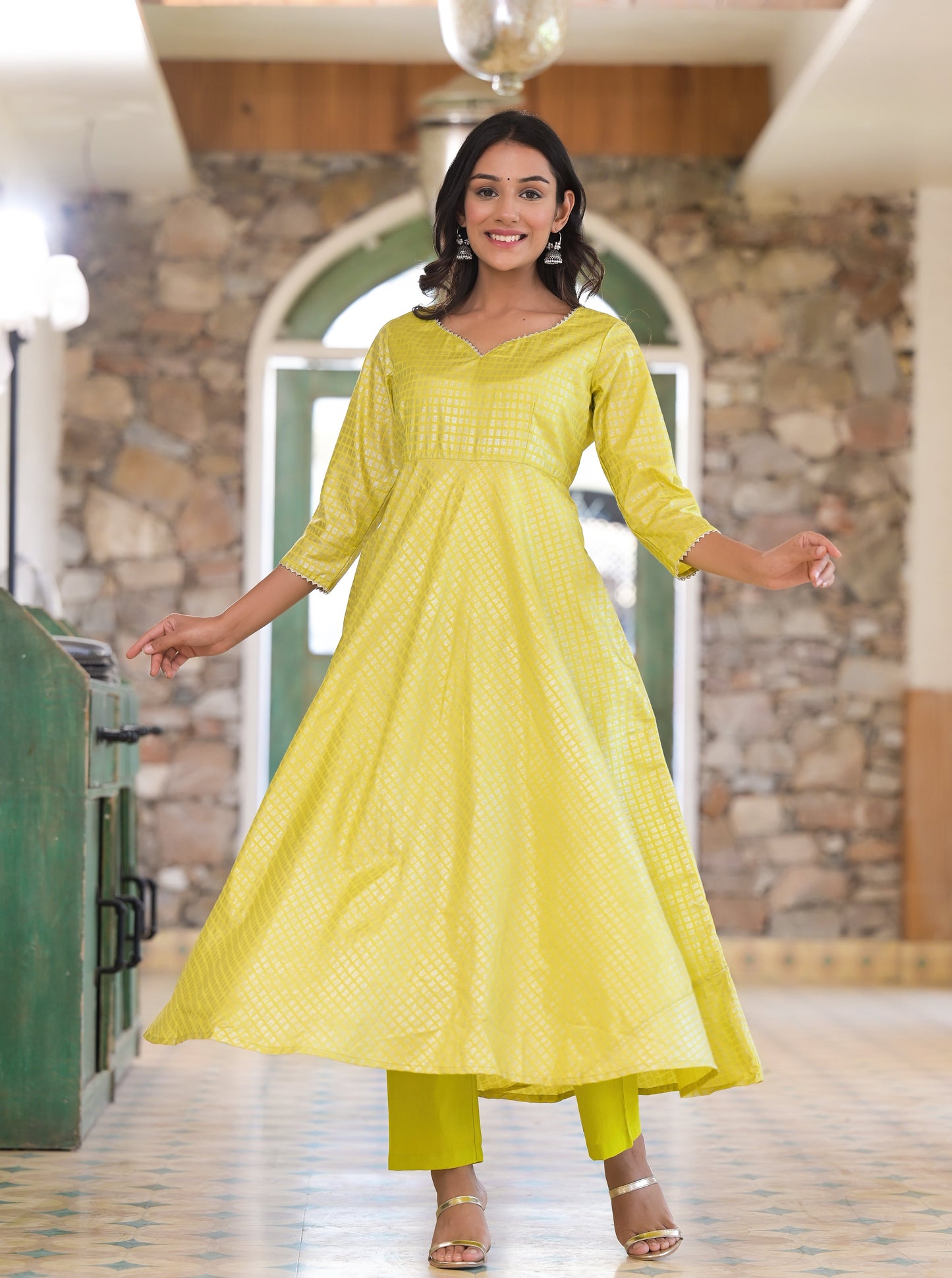 Women's Lime Green Foil Print Anarkali Set