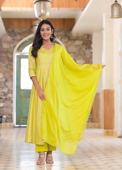 Women's Lime Green Foil Print Anarkali Set