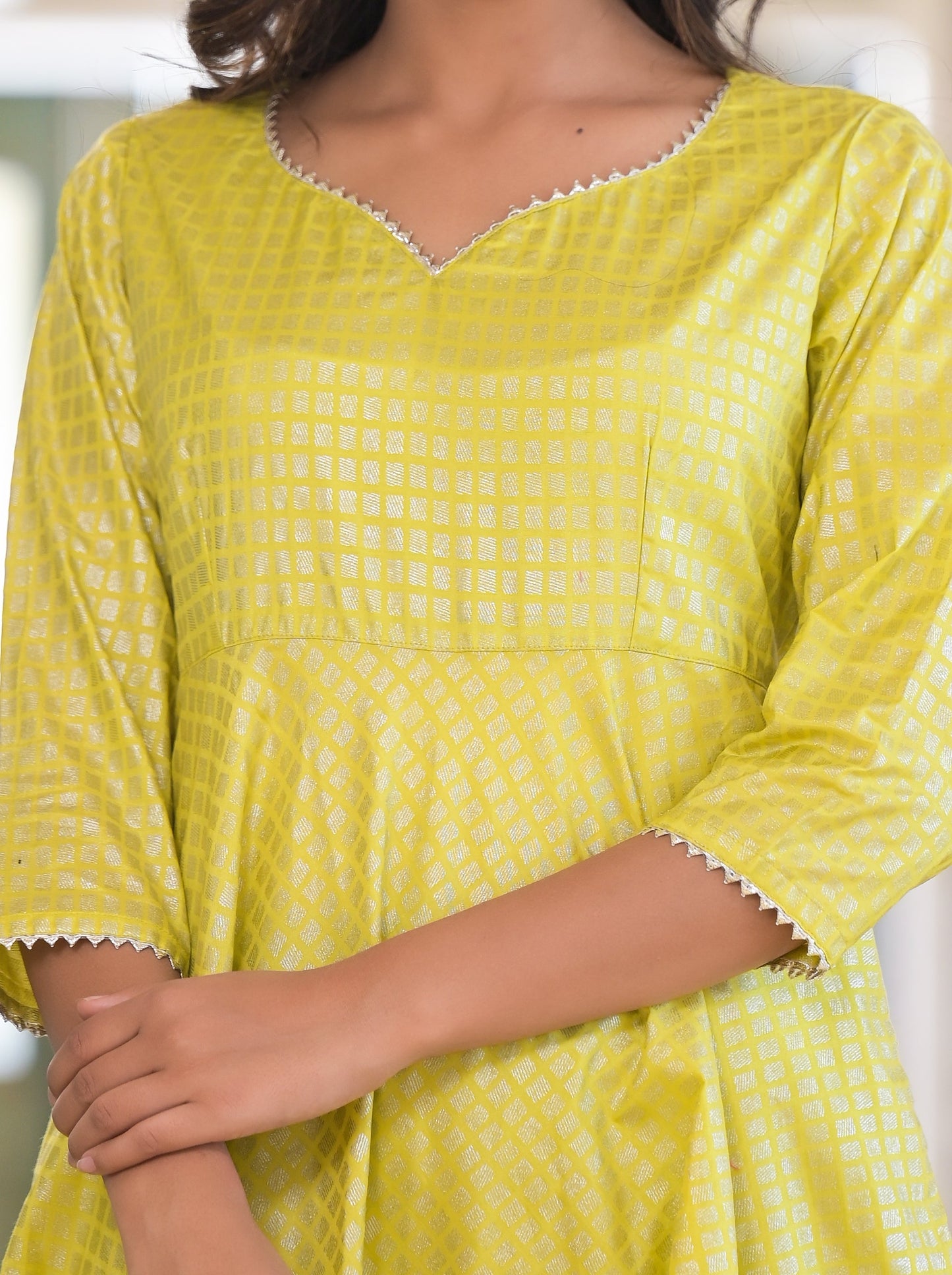 Women's Lime Green Foil Print Anarkali Set