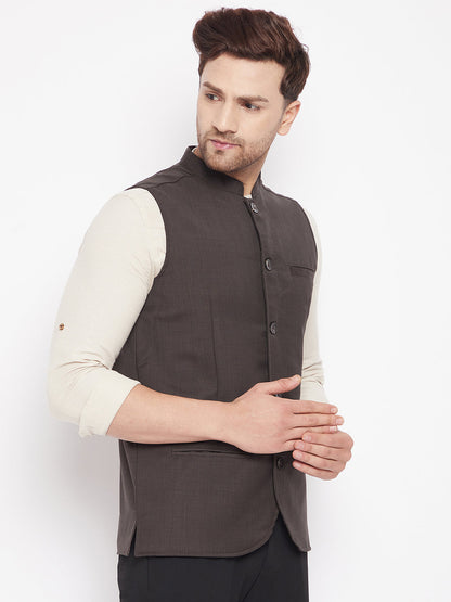 Men's Brown Color Woven Nehru Jacket