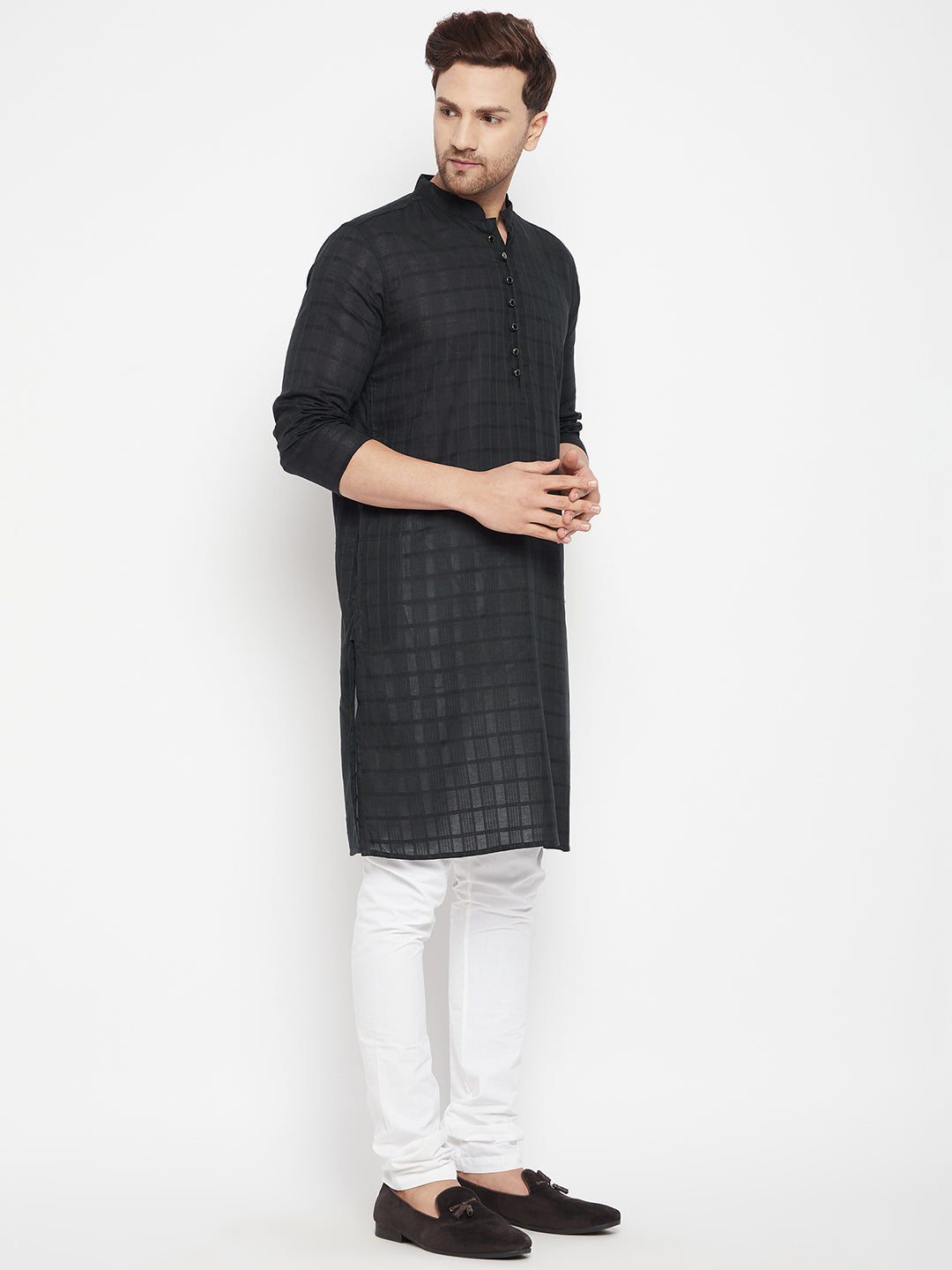 Men's Black Color Long Kurta with Band Collar