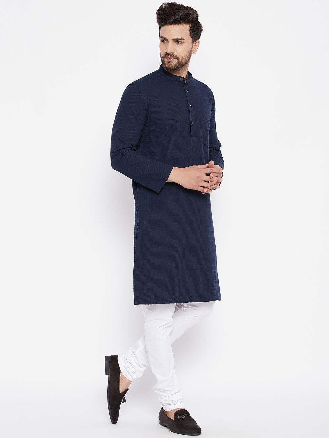 Men's Pure Cotton Self Striped Blue Kurta