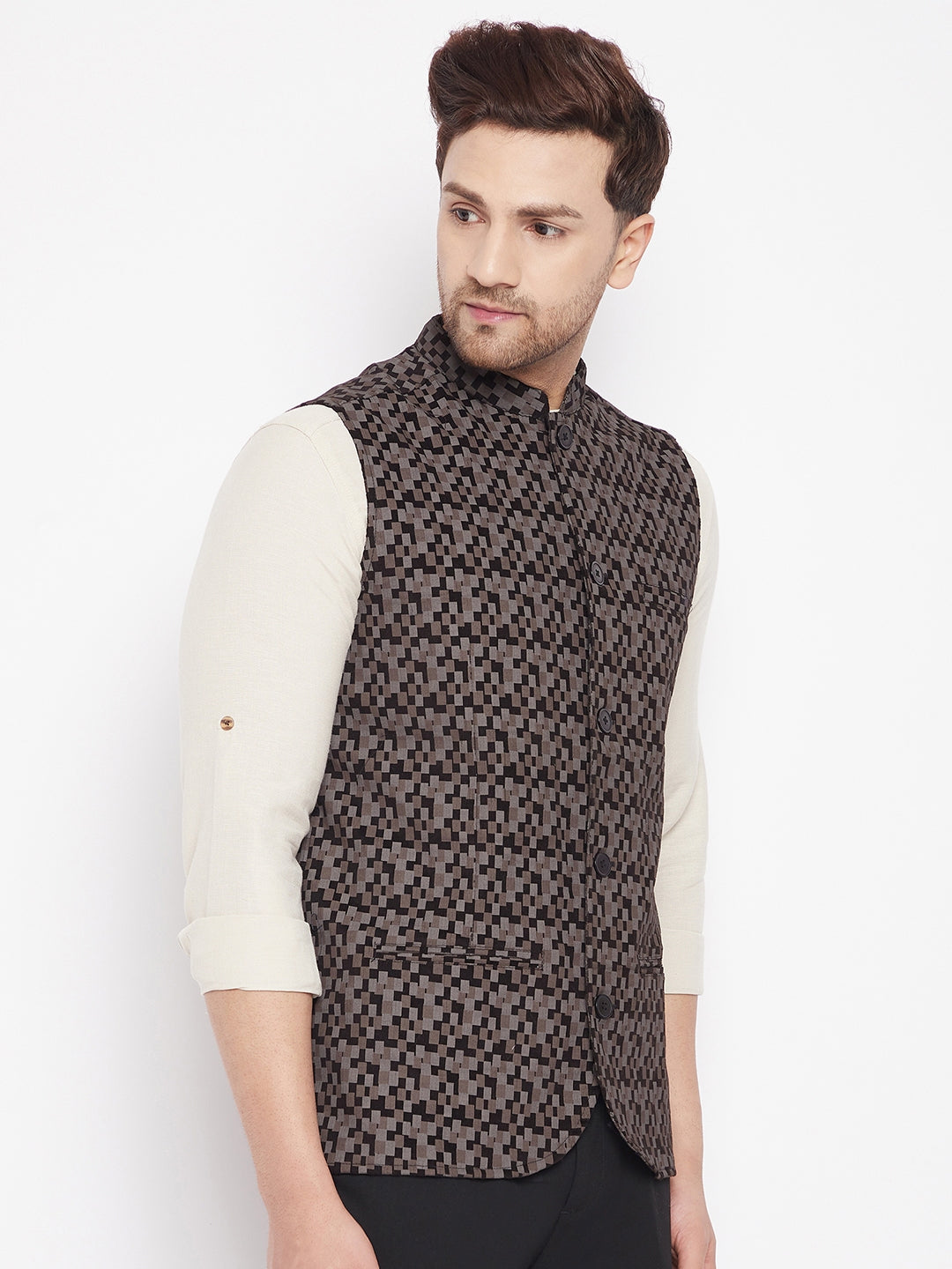 Men's Black Color Woven Nehru Jacket