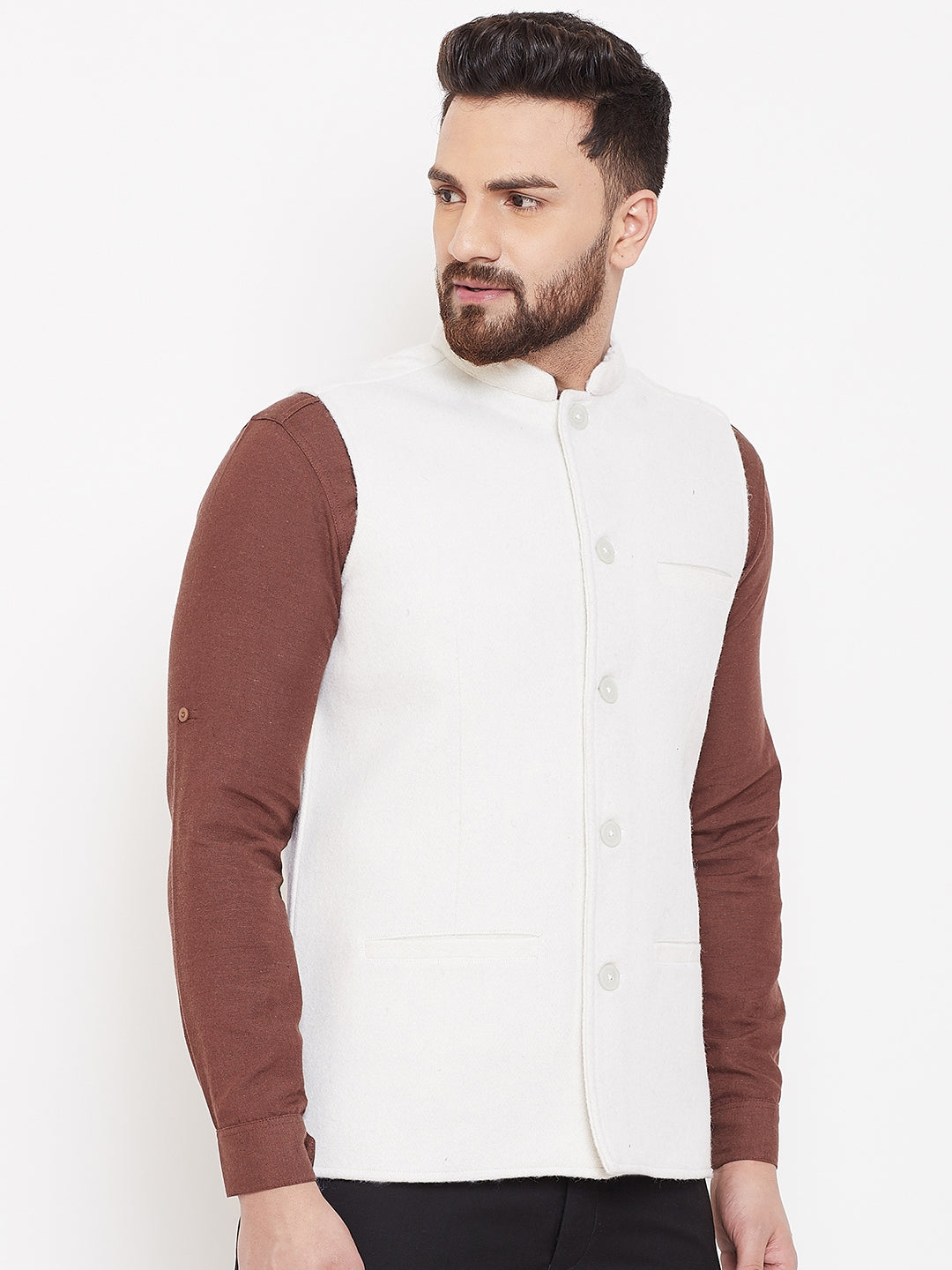 Men's White Wool Nehru Jacket