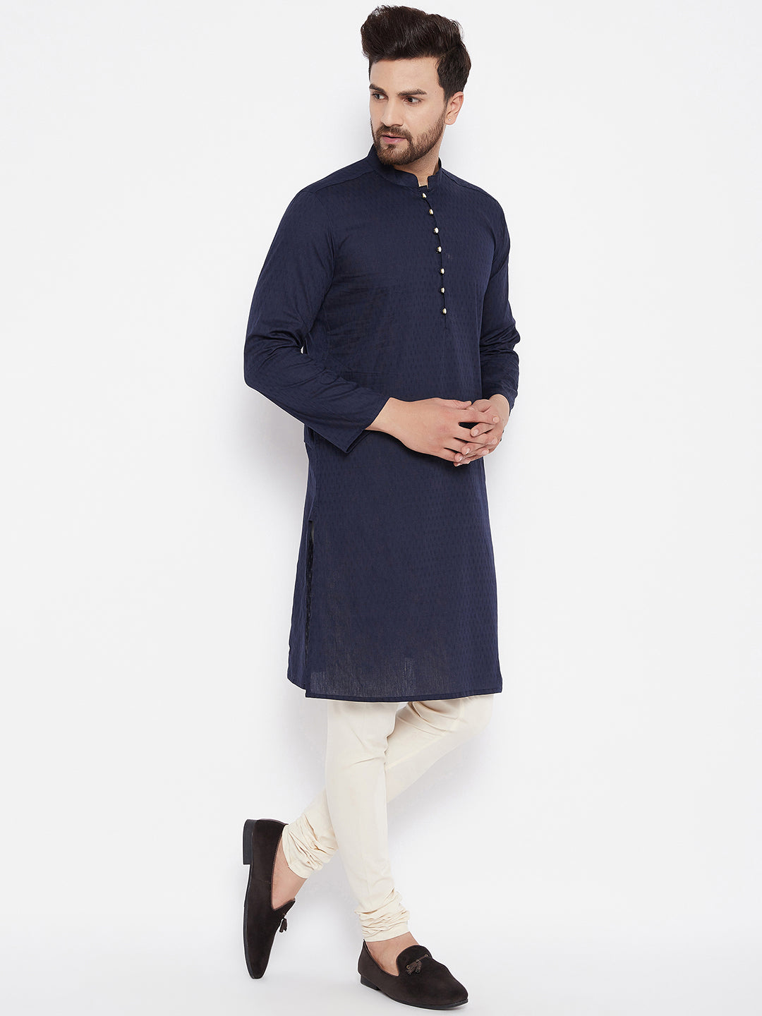 Men's Woven Design Navy Straight  Kurta