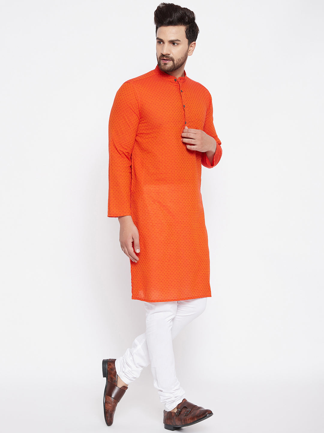 Men's Pure Cotton Orange Straight Kurta