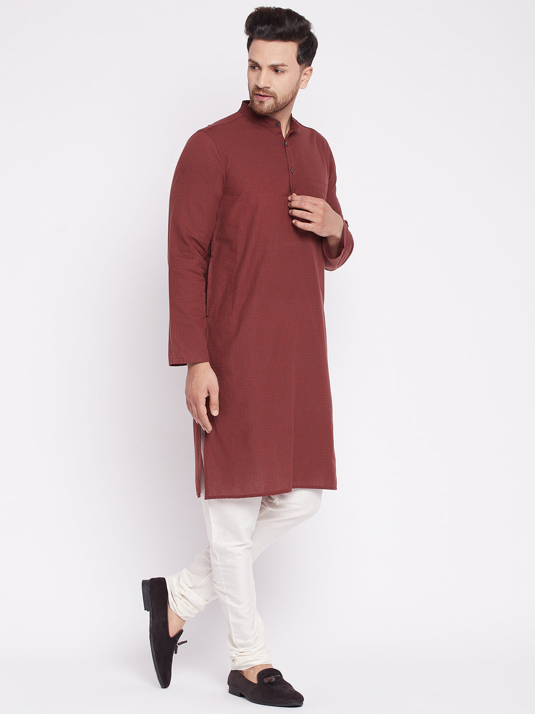 Men's Long Kurta with Band Collar -