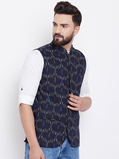 Men's Printed Navy Blue Nehru Jacket