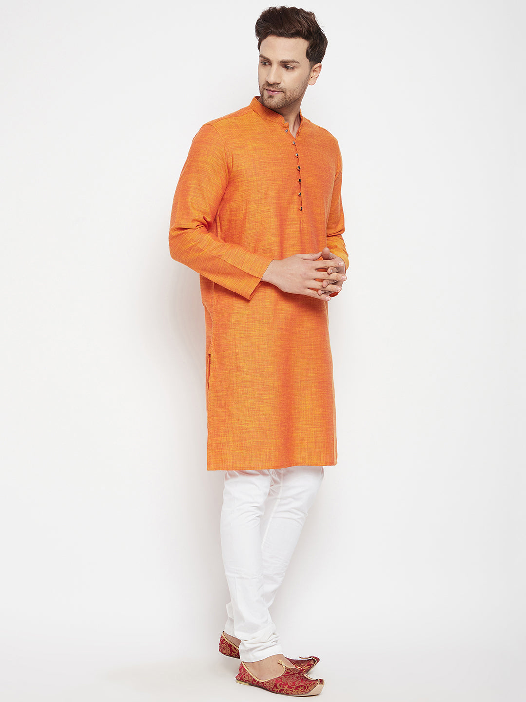 Men's Orange Color Long Kurta with Band Collar