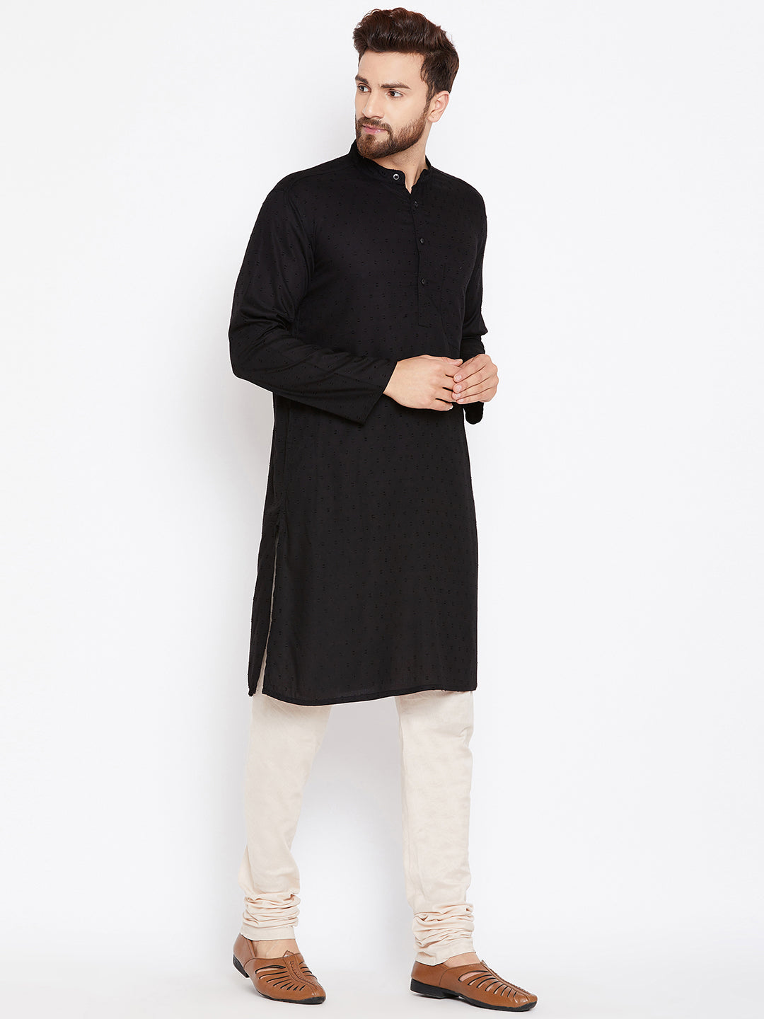 Men's Black Dobby Weave Cotton Kurta