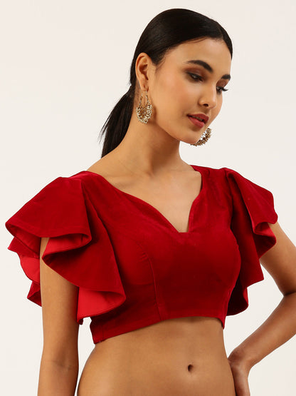 Women's Red Velvet Ruffle Sleeves Readymade Blouse