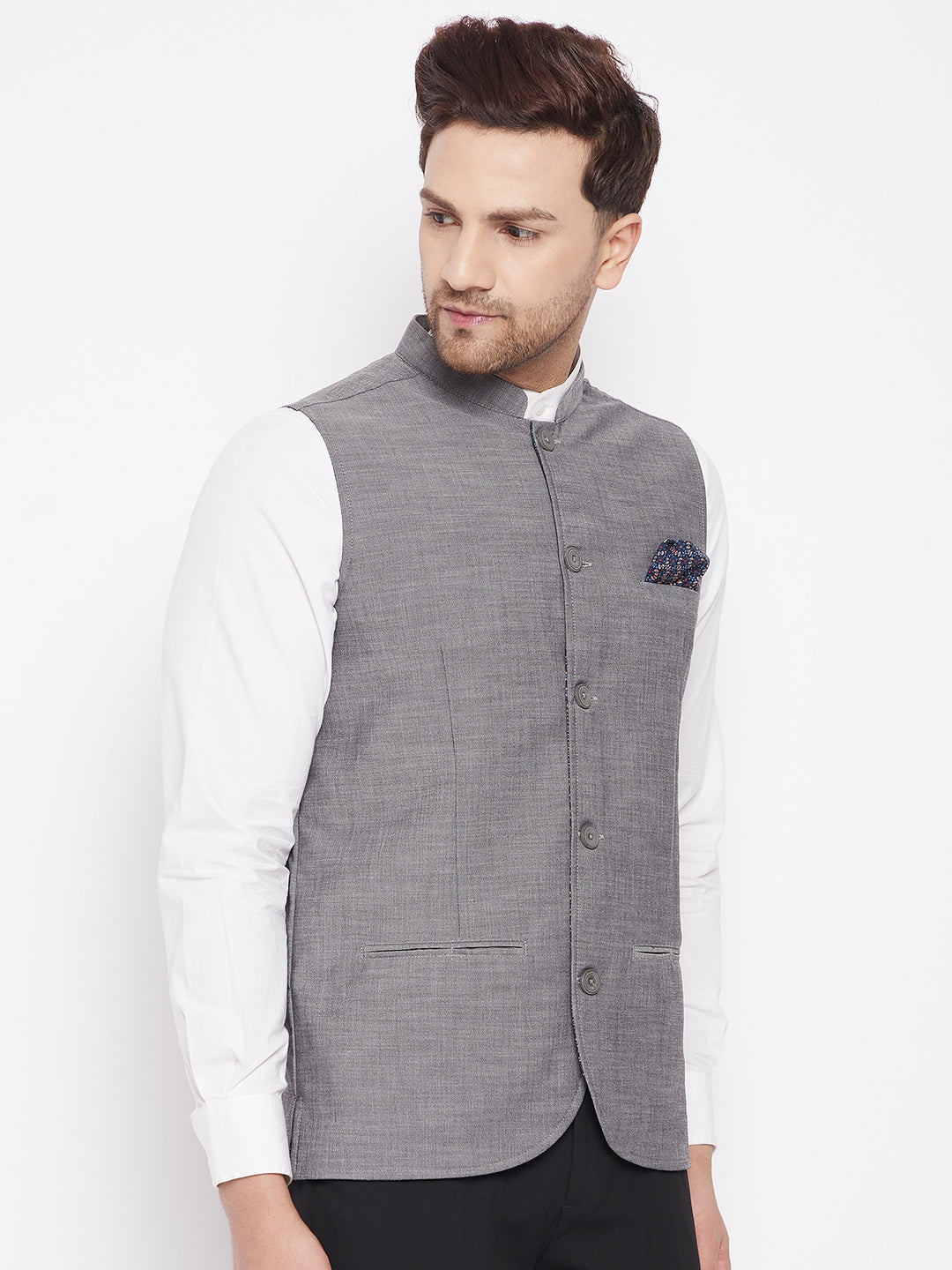 Men's Grey Color Woven Nehru Jacket