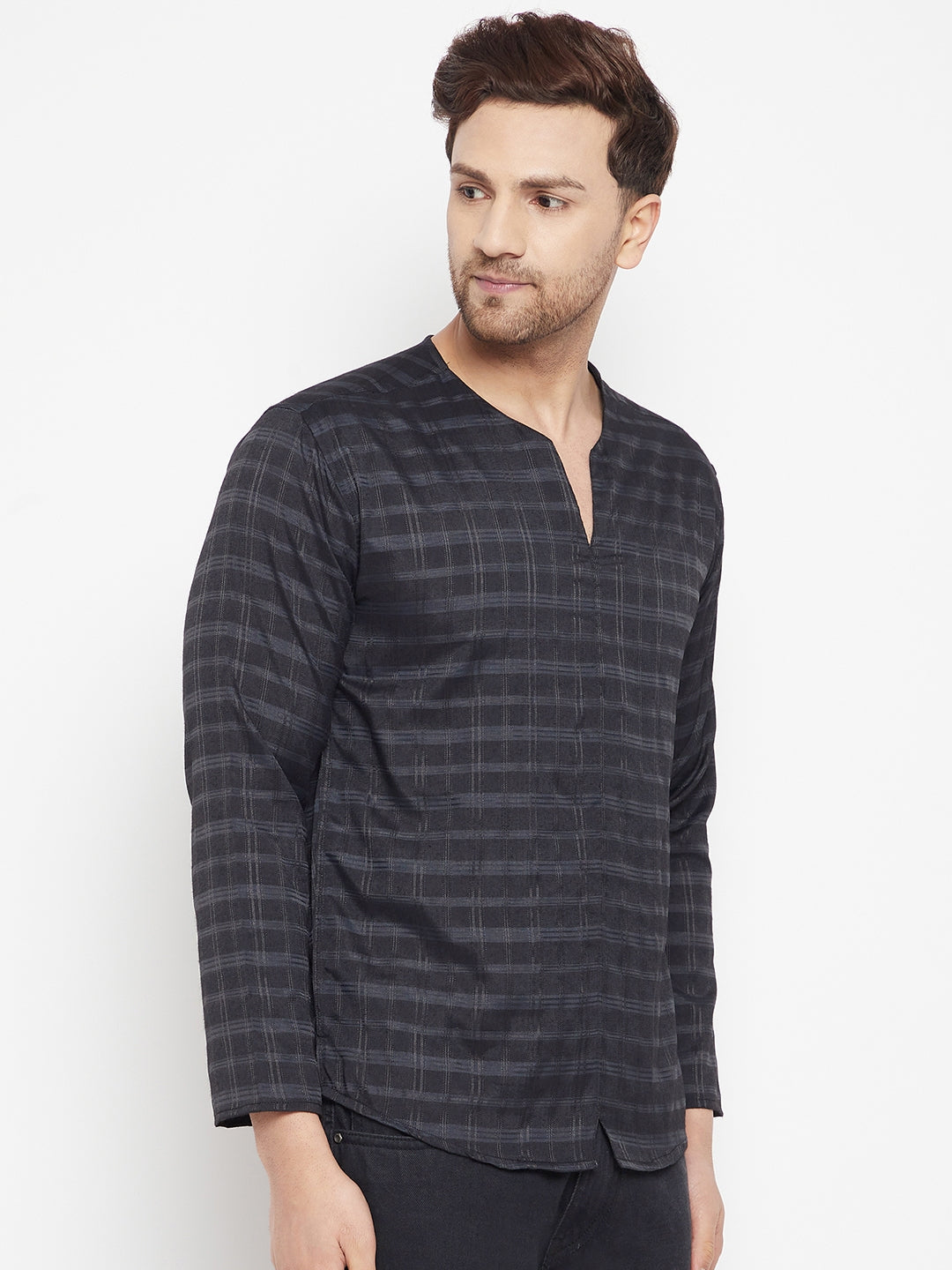 Men's Black Color Kurta with Slit Neckline