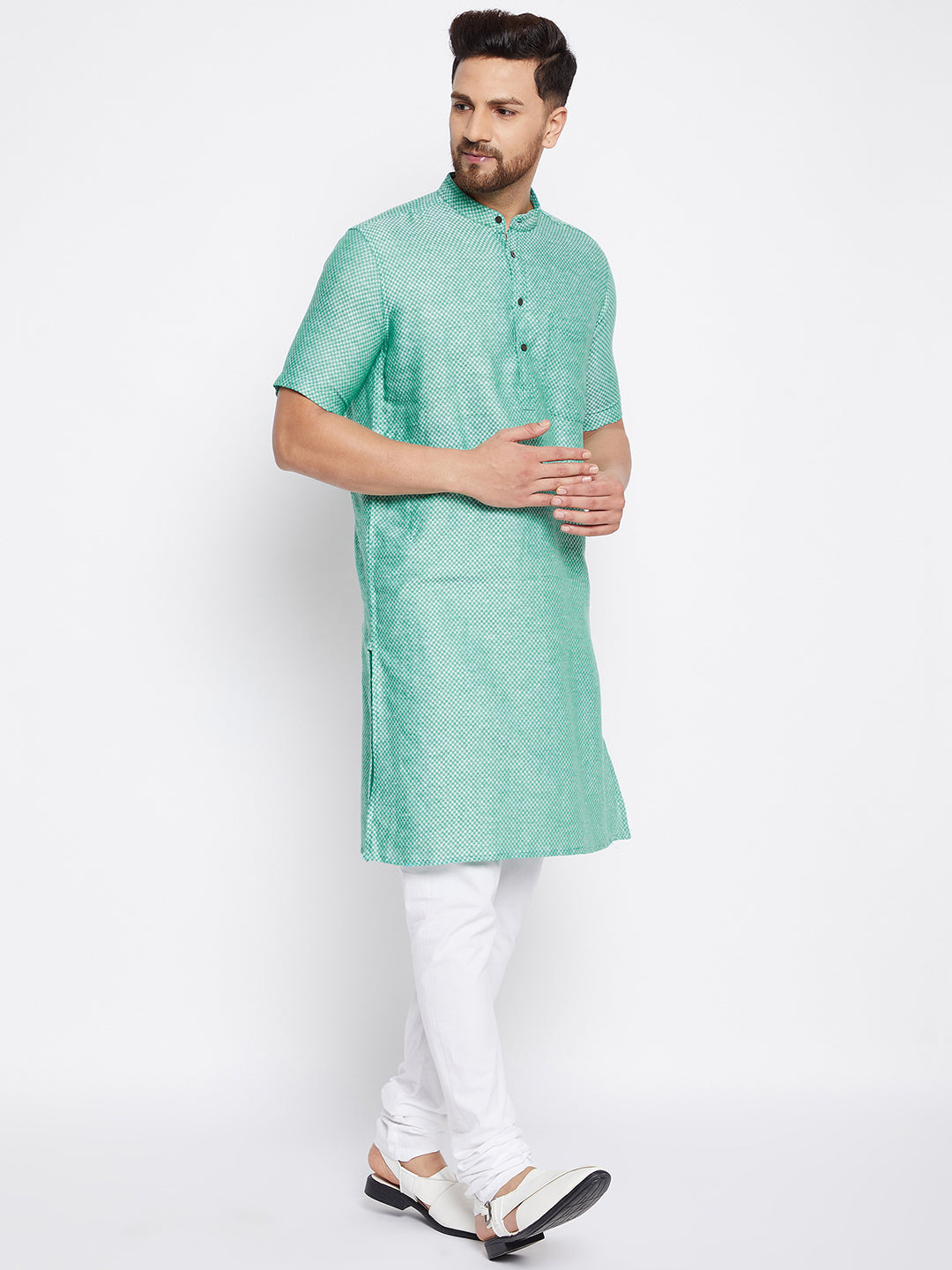 Men's Pure Cotton Striped Green Kurta