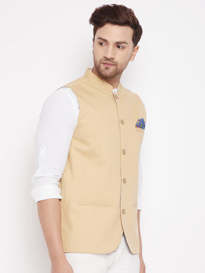 Men's Beige Color Nehru Jacket-Contrast Lining-Inbuilt Pocket Square