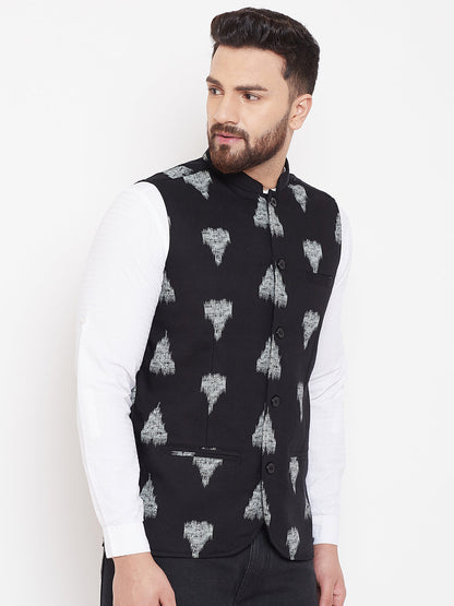 Men's Black Geometric Print Nehru Jacket