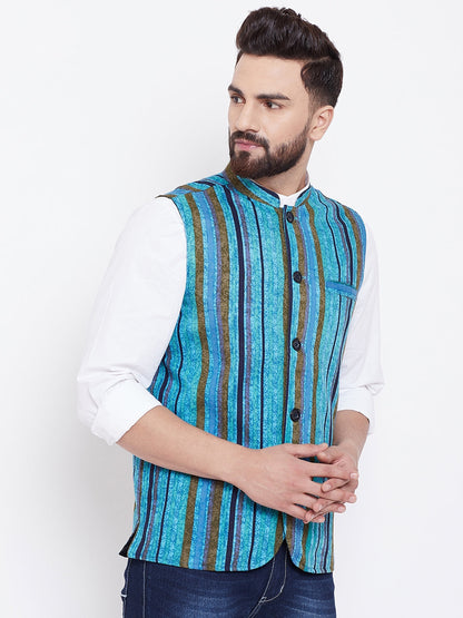 Men's Blue Striped Nehru Jacket