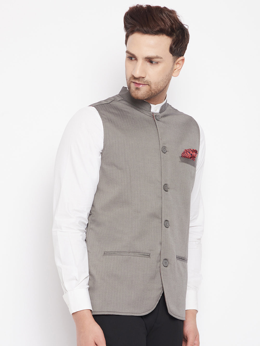 Men's Grey Color Nehru Jacket-Contrast Lining-Inbuilt Pocket Square