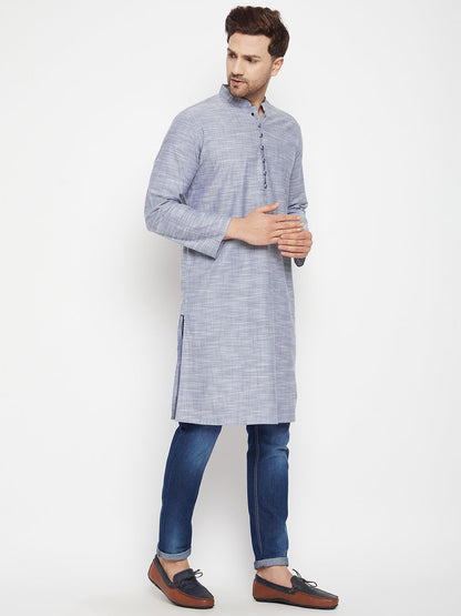 Men's Grey Color Long Kurta with Band Collar