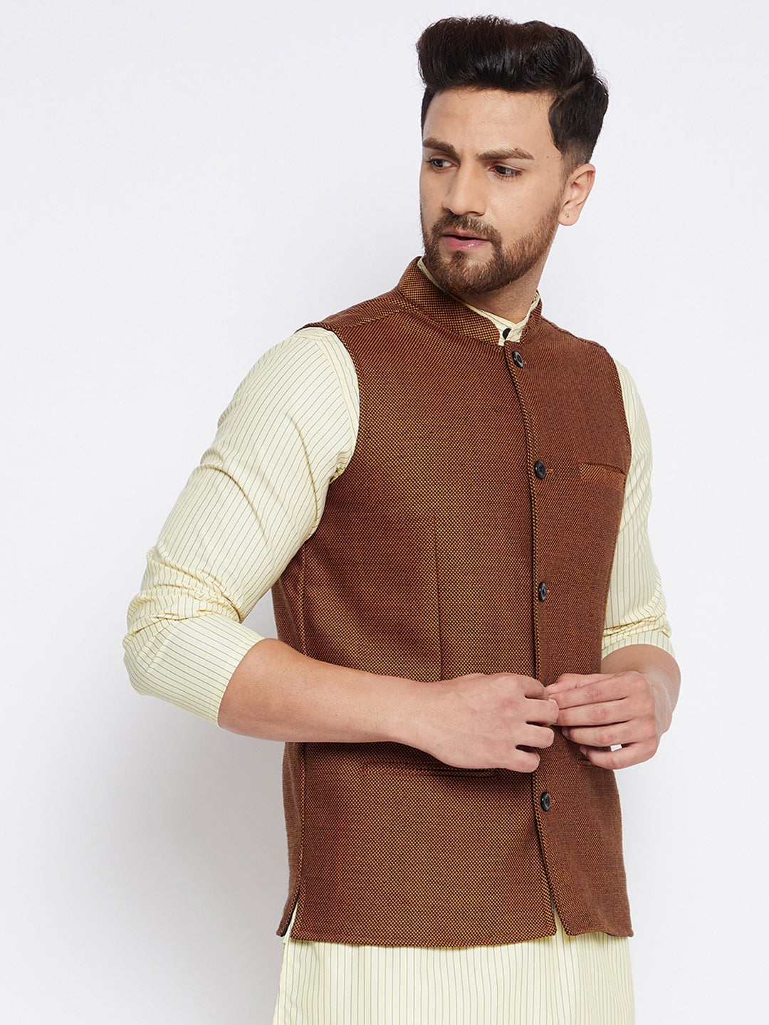 Men's Bronze Woven Design Nehru Jacket