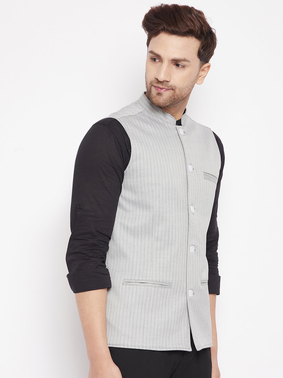 Men's Grey Color Woven Nehru Jacket