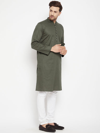 Men's Green Color Long Kurta with Band Collar