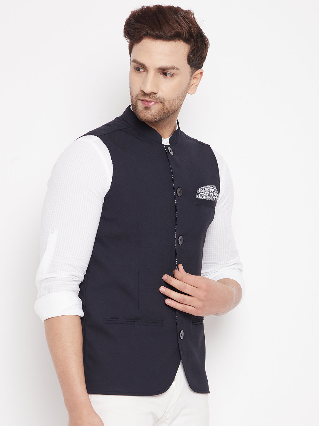 Men's Navy Color Nehru Jacket-Contrast Lining-Inbuilt Pocket Square