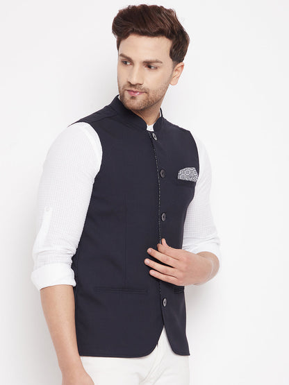 Men's Navy Color Nehru Jacket-Contrast Lining-Inbuilt Pocket Square